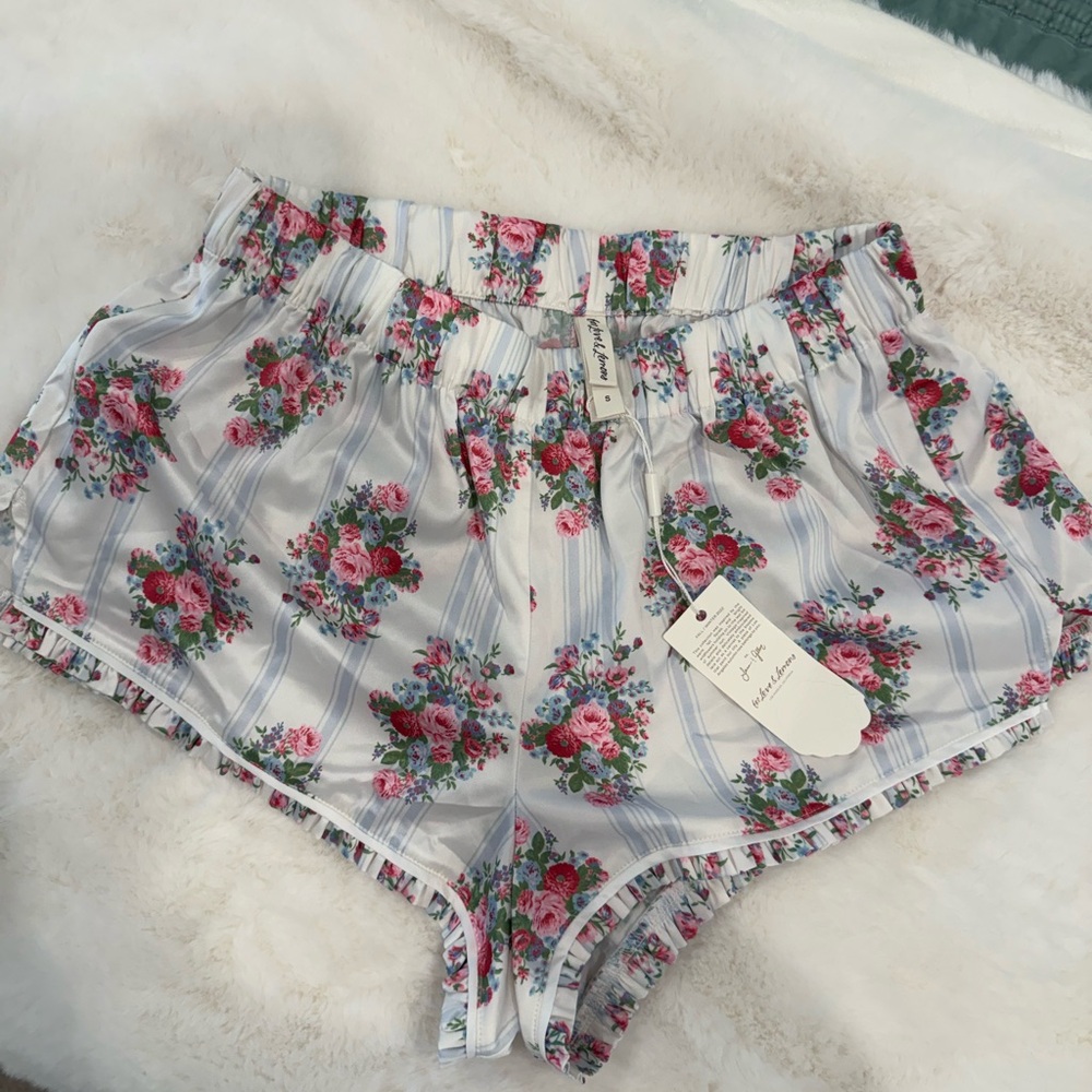 For Love & Lemons White Floral Satin Pajama Shorts with Pink Roses